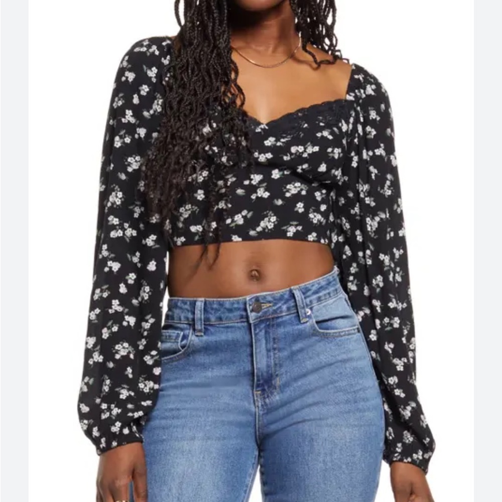 NWT BP Black Lace Ditsy Lace Trim Long Sleeve Crop Top Size Small